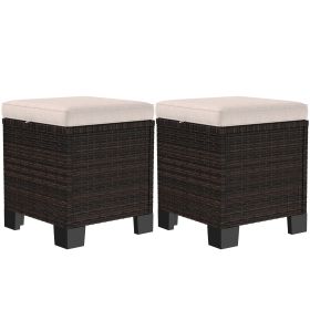 Outsunny 2 Pieces Wicker Outdoor Ottomans with Cushions, Rattan Ottoman Footrest & Side Table for Patio Yard Poolside, Cream