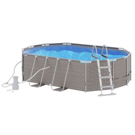 Outsunny 14x10 Steel Frame Above Ground Swimming Pool with Filter Pump Ladder for Families, Gray