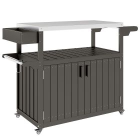 Outsunny Outdoor Bar Cart with Storage, Stainless Steel Outdoor Bar Table Top, Wheeled HDPE Kitchen Island for Food Prep, Gray