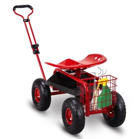 Rolling Garden Work Seat with Wheels, Garden Scooter with 360 Degree Swivel Seat & Extendable Handle & Tool Tray, Gardening Stool for Planting, R
