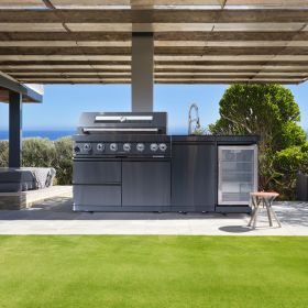 43-Inch 6-Burner 85000 BTU Deluxe Stainless Steel Gas Outdoor Kitchen Bar Barbecue Island Grill + Wine Cooler Compact Refrigerator + Rotisserie k