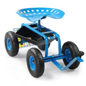 Rolling Garden Work Seat with Wheels, Gardening Stool for Planting, Garden Scooter with 360 Degree Swivel Seat & Steering Handle & Tool Tray, Blu