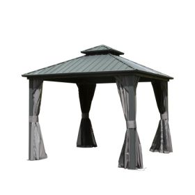 8' X 8' Hardtop Gazebo, Aluminum Metal Gazebo with Galvanized Steel Double Roof Canopy, Curtain and Netting, Permanent Gazebo Pavilion for Patio