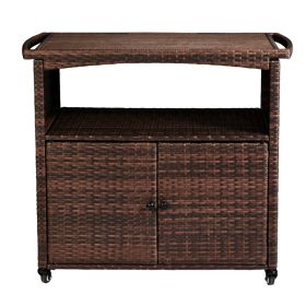 Outdoor Bar Cart with Storage Cabinet, Patio Wicker Sideboard Buffet Cabinet Prep Table, Outside Kitchen Serving Cart with Rolling Wheels & Handl