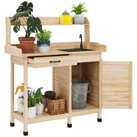 Natural Wood Outdoor Potting Bench with Storage Cabinet,Sink and Faucet ,Hooks