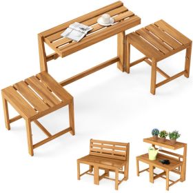 3-in-1 Convertible Outdoor Acacia Wood Furniture (Natural) - Loveseat + Table & Chairs Set + Plant Rack Modes