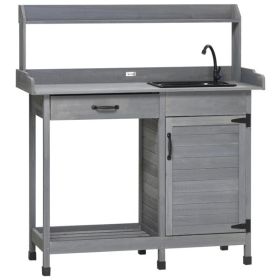 Gray Outdoor Potting Bench with Sink and Faucet ,Hooks,Storage Cabinet
