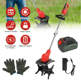 21V Electric Cordless Tiller Cultivator Powered Garden Tiller With 4 Blades 16 Steel Tines 550W 300RPM 4000mAh Battery Tilling 9-in Width & 9-in (Option: BlackRed)