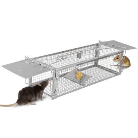 Dual Door Rat Trap Cage Humane Live Rodent Dense Mesh Trap Cage Zinc Electroplating Mice Mouse Control Bait Catch With 2 Detachable U Shaped Rod (Color: Silver)