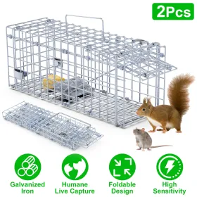 2Pcs Foldable Rat Trap Cage Humane Live Rodent Trap Cage Galvanized Iron Mice Mouse Control Bait Catch With Detachable L Shaped Rod For Kitchen G (Color: Silver)