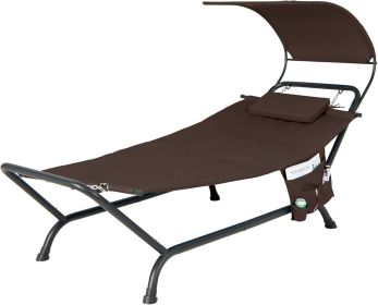 Hanging Hammock with Stand, Patio Hanging Chaise Lounge Chair w/Canopy, Cushion, Pillow & Storage Bag (Color: Brown)
