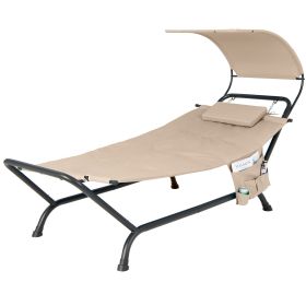 Hanging Hammock with Stand, Patio Hanging Chaise Lounge Chair w/Canopy, Cushion, Pillow & Storage Bag (Color: Beige)