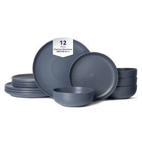 12-Piece Stoneware Dinner Plates Bowls Sets | Microwave & Dishwasher Safe | Non-Toxic Dinner Plates Bowls Set | Stackable Matte Glaze Kitchenware (Main Color: Blue, Main Material: Stone)