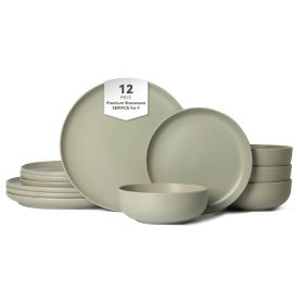 12-Piece Stoneware Dinner Plates Bowls Sets | Microwave & Dishwasher Safe | Non-Toxic Dinner Plates Bowls Set | Stackable Matte Glaze Kitchenware (Main Color: Green, Main Material: Stone)