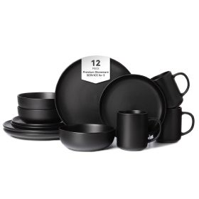 12-Piece Stoneware Dinnerware Sets with Mugs | Microwave & Dishwasher Safe | Non-Toxic Dinner Plates Bowls Set | Stackable Matte Glaze Kitchenwar (Main Color: Black, Main Material: Stone)