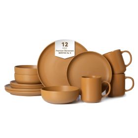 12-Piece Stoneware Dinnerware Sets with Mugs | Microwave & Dishwasher Safe | Non-Toxic Dinner Plates Bowls Set | Stackable Matte Glaze Kitchenwar (Main Color: Orange, Main Material: Stone)