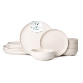 12-Piece Stoneware Dinner Plates Bowls Sets | Microwave & Dishwasher Safe | Non-Toxic Dinner Plates Bowls Set | Stackable Matte Glaze Kitchenware (Main Color: White, Main Material: Stone)