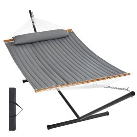 VEVOR Two Person Hammock with Stand Included Heavy Duty 480lb Capacity, Double Hammock with 12 FT Steel Stand and Portable Carrying Bag and Pillo (Color: gray, Type of Support: T Type)