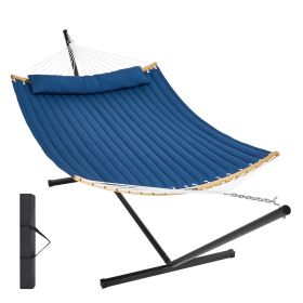 VEVOR Two Person Hammock with Stand Included, Double Hammock with Curved Spreader Bar and Detachable Pillow and Portable Carrying Bag (Color: Blue, Type of Support: T Type)