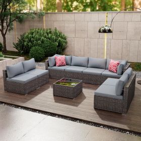 9 Pieces Outdoor Patio Furniture Set, Wicker Patio Conversation Sectional Sofa Set, All Weather PE Rattan Sofa with Glass Table and Cushions (Color: Brown base & grey cushion)