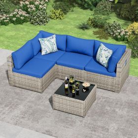 5 Pieces Outdoor Patio Furniture Set, Wicker Patio Conversation Sectional Sofa Set, All Weather PE Rattan Sofa with Glass Table and Cushions (Color: Grey base & blue cushion)
