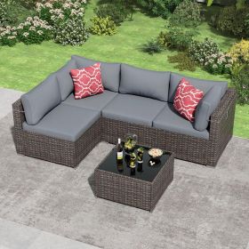 5 Pieces Outdoor Patio Furniture Set, Wicker Patio Conversation Sectional Sofa Set, All Weather PE Rattan Sofa with Glass Table and Cushions (Color: Brown base & grey cushion)
