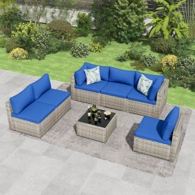 7 Pieces Outdoor Patio Furniture Set, Wicker Patio Conversation Sectional Sofa Set, All Weather PE Rattan Sofa with Glass Table and Cushions (Color: Grey base & blue cushion)