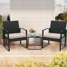 3 Piece Outdoor Furniture Set, 2 Waterproof Chairs and 1 Bistro Table Furniture Set, Wicker Rattan Conversation Set (Color: Black Rattan Gray Floor Mat)