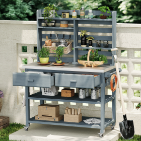 64.9"H Outdoor Potting Bench Table with Lockable Wheels, Solid Wood Outdoor Kitchen Island with Upper Hutch, Stainless Steel Top, Towel Rack (Color: Grey+Blue, Material: Wood + Stainless Steel)