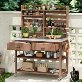 64.9"H Outdoor Potting Bench Table with Lockable Wheels, Solid Wood Outdoor Kitchen Island with Upper Hutch, Stainless Steel Top, Towel Rack (Color: Brown, Material: Wood + Stainless Steel)