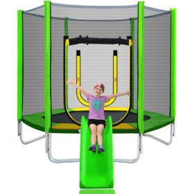 7FT Trampoline For Kids With Safety Enclosure Net, Slide And Ladder, Easy Assembly Round Outdoor Recreational Trampoline (Color: Green)